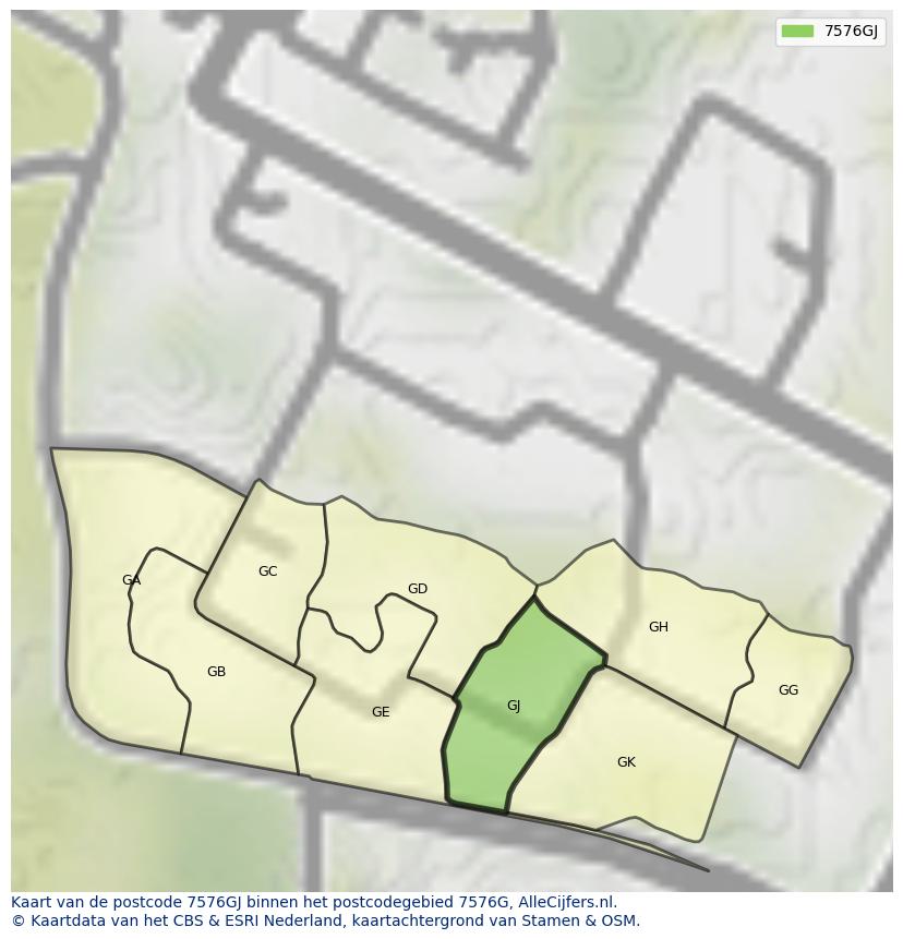Afbeelding van het postcodegebied 7576 GJ op de kaart.