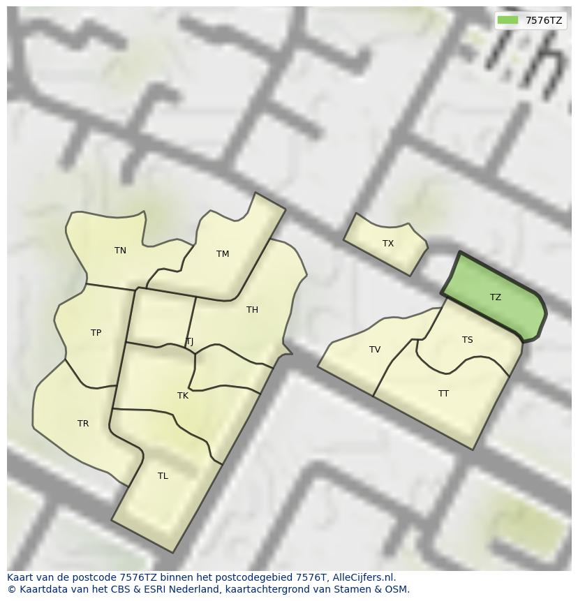 Afbeelding van het postcodegebied 7576 TZ op de kaart.