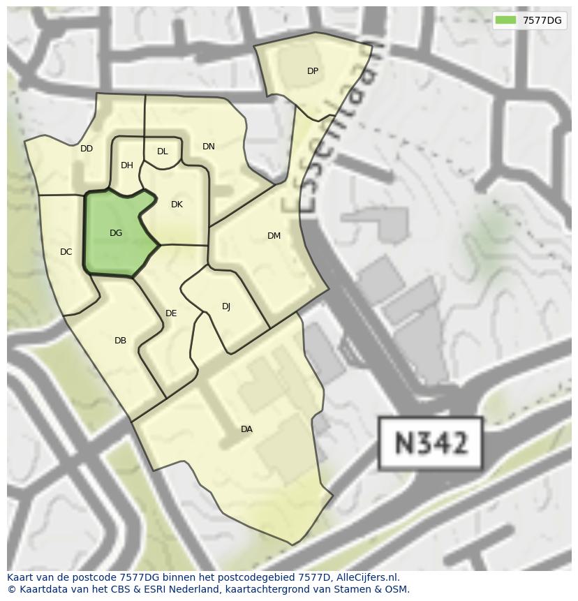 Afbeelding van het postcodegebied 7577 DG op de kaart.