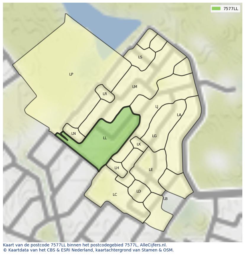 Afbeelding van het postcodegebied 7577 LL op de kaart.