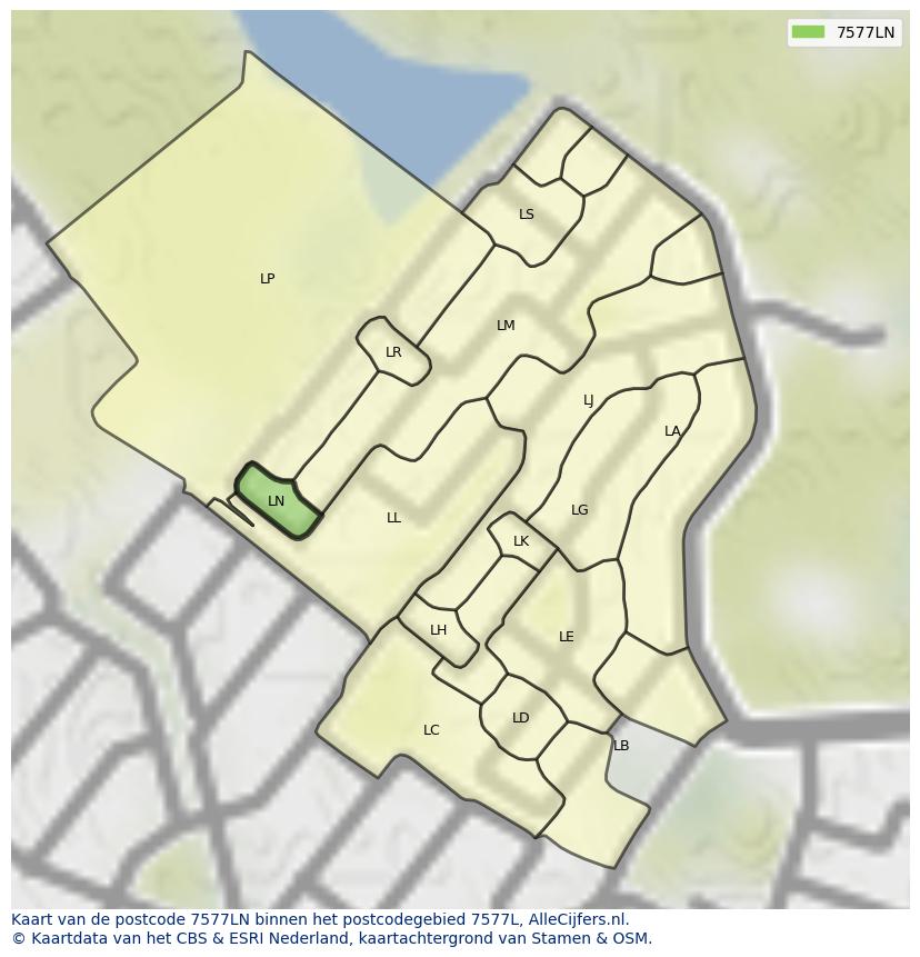 Afbeelding van het postcodegebied 7577 LN op de kaart.