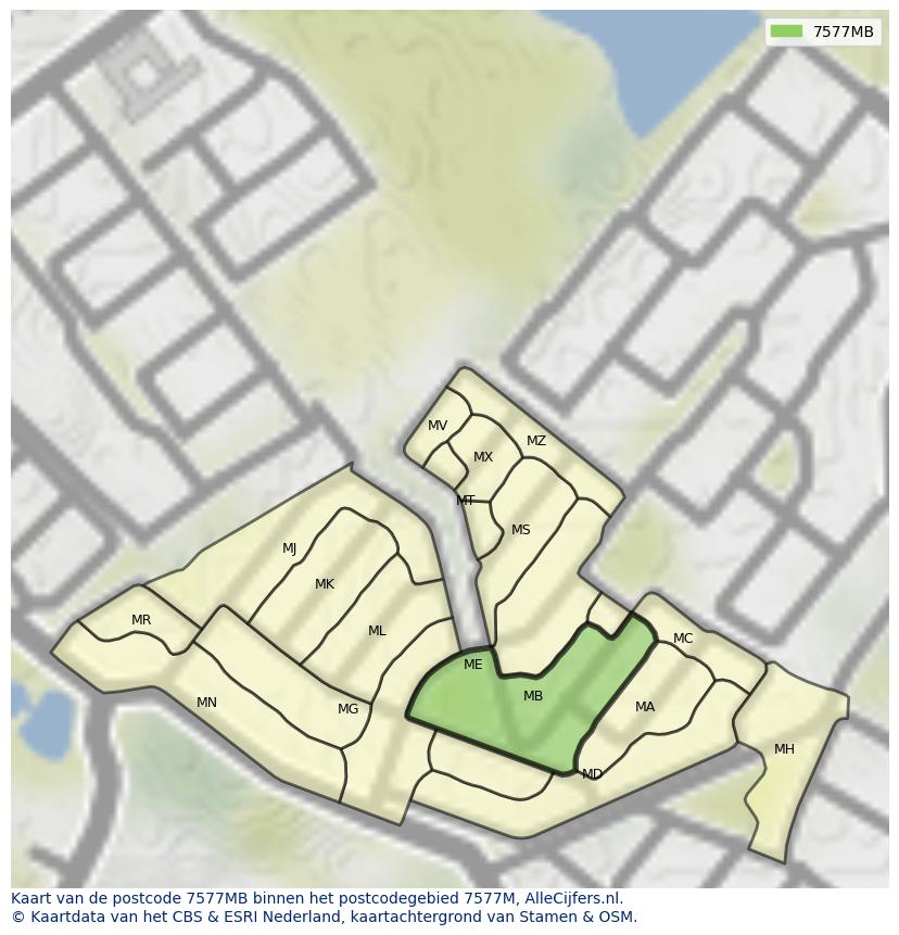 Afbeelding van het postcodegebied 7577 MB op de kaart.