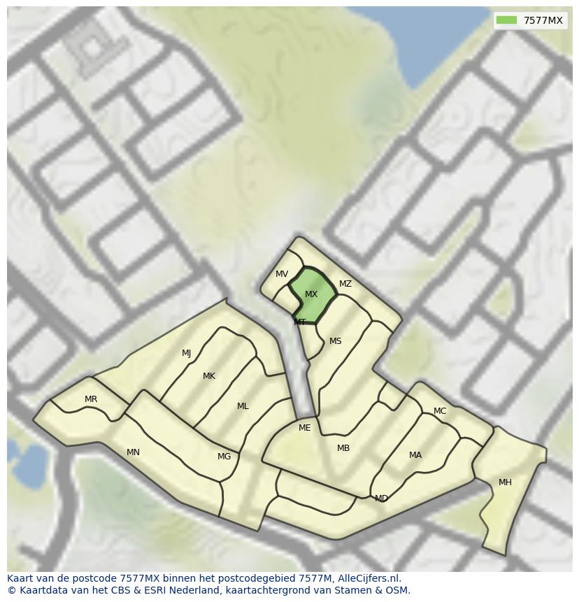 Afbeelding van het postcodegebied 7577 MX op de kaart.