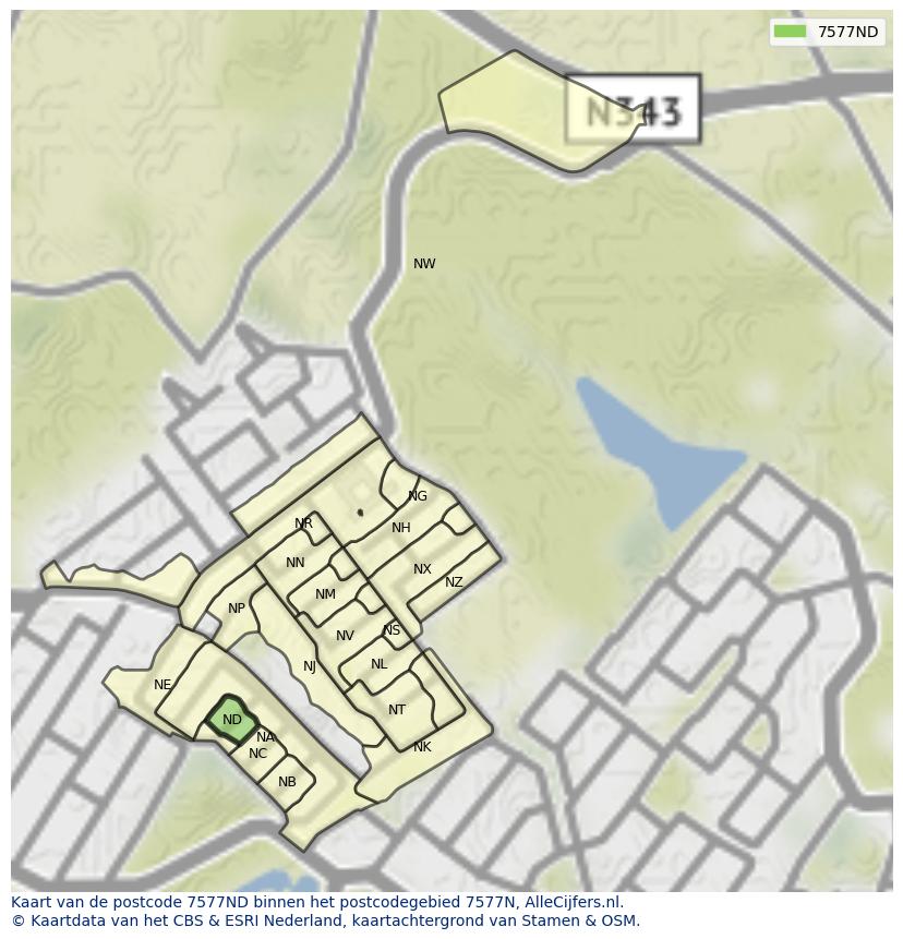 Afbeelding van het postcodegebied 7577 ND op de kaart.