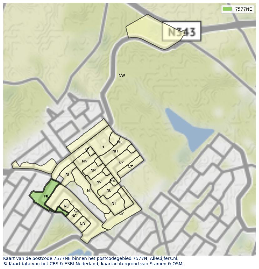 Afbeelding van het postcodegebied 7577 NE op de kaart.