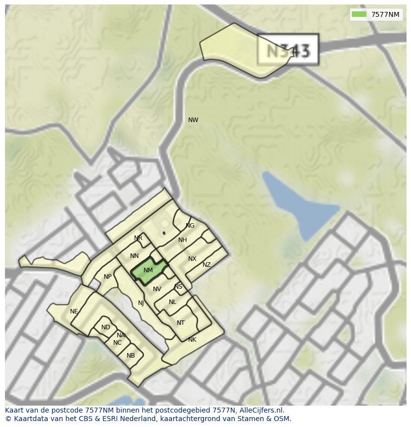 Afbeelding van het postcodegebied 7577 NM op de kaart.