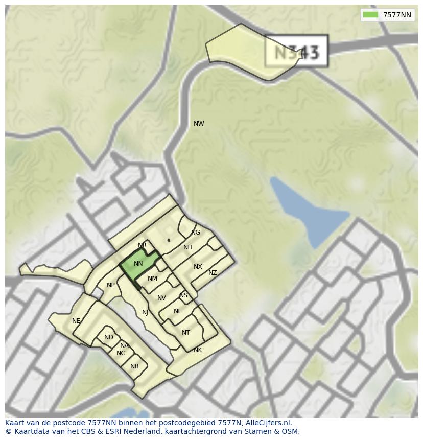 Afbeelding van het postcodegebied 7577 NN op de kaart.