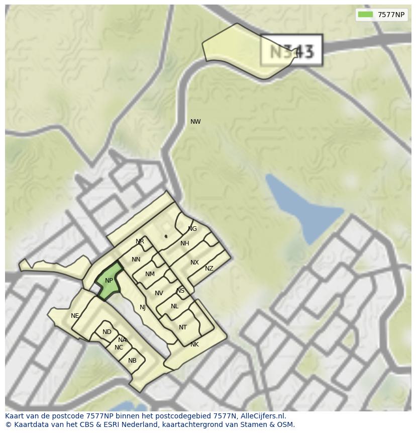 Afbeelding van het postcodegebied 7577 NP op de kaart.