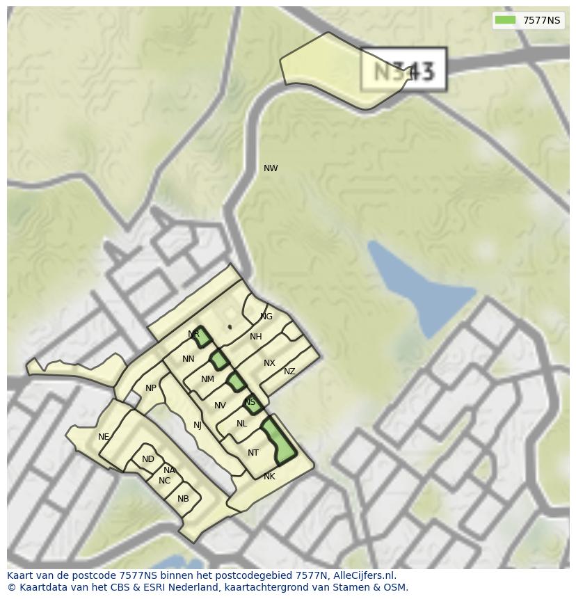 Afbeelding van het postcodegebied 7577 NS op de kaart.