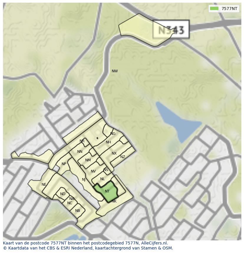 Afbeelding van het postcodegebied 7577 NT op de kaart.