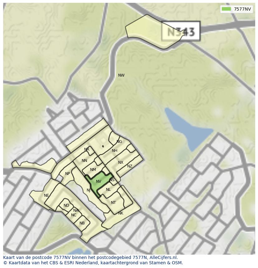 Afbeelding van het postcodegebied 7577 NV op de kaart.