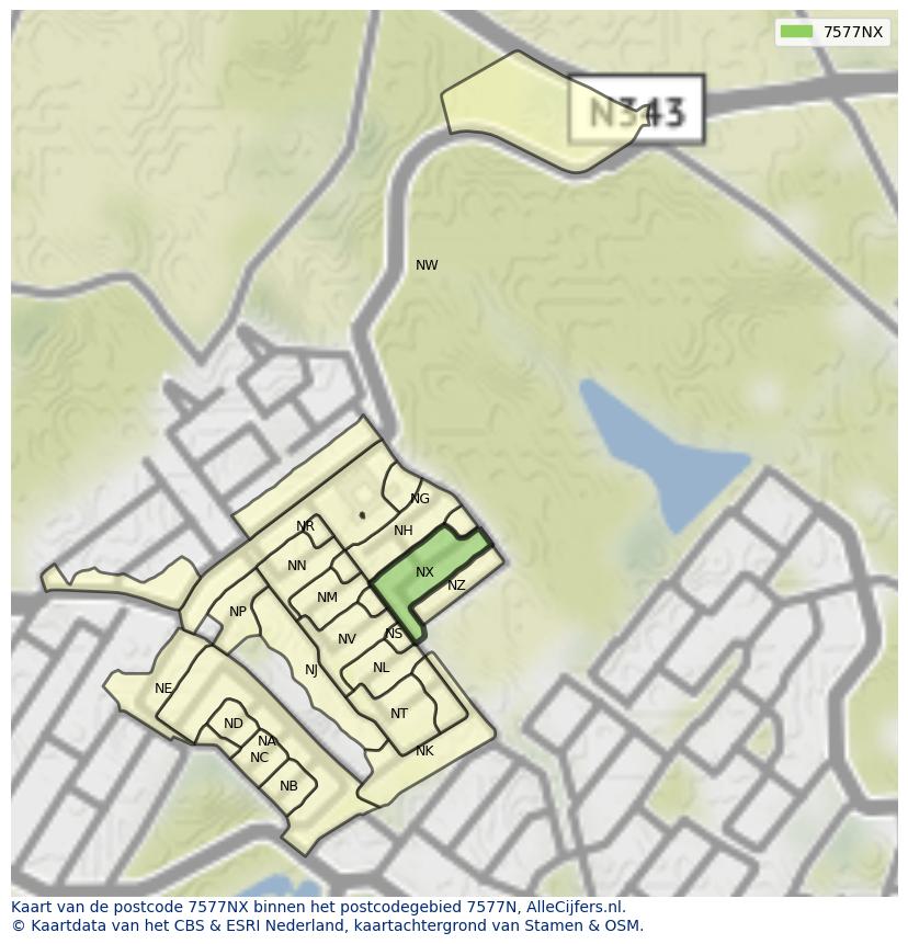Afbeelding van het postcodegebied 7577 NX op de kaart.