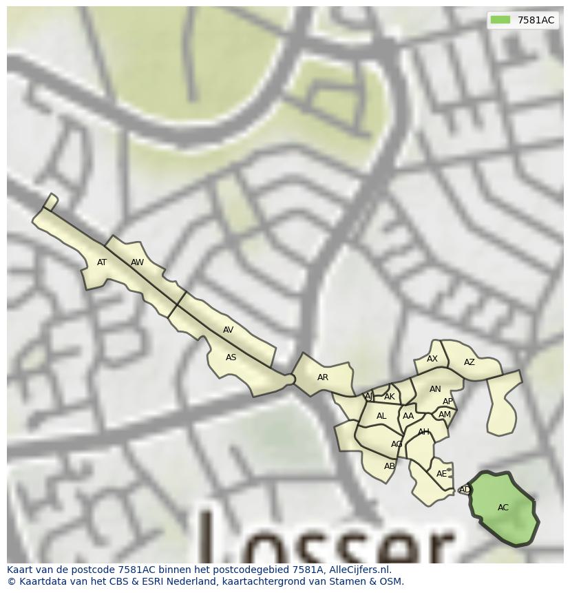 Afbeelding van het postcodegebied 7581 AC op de kaart.