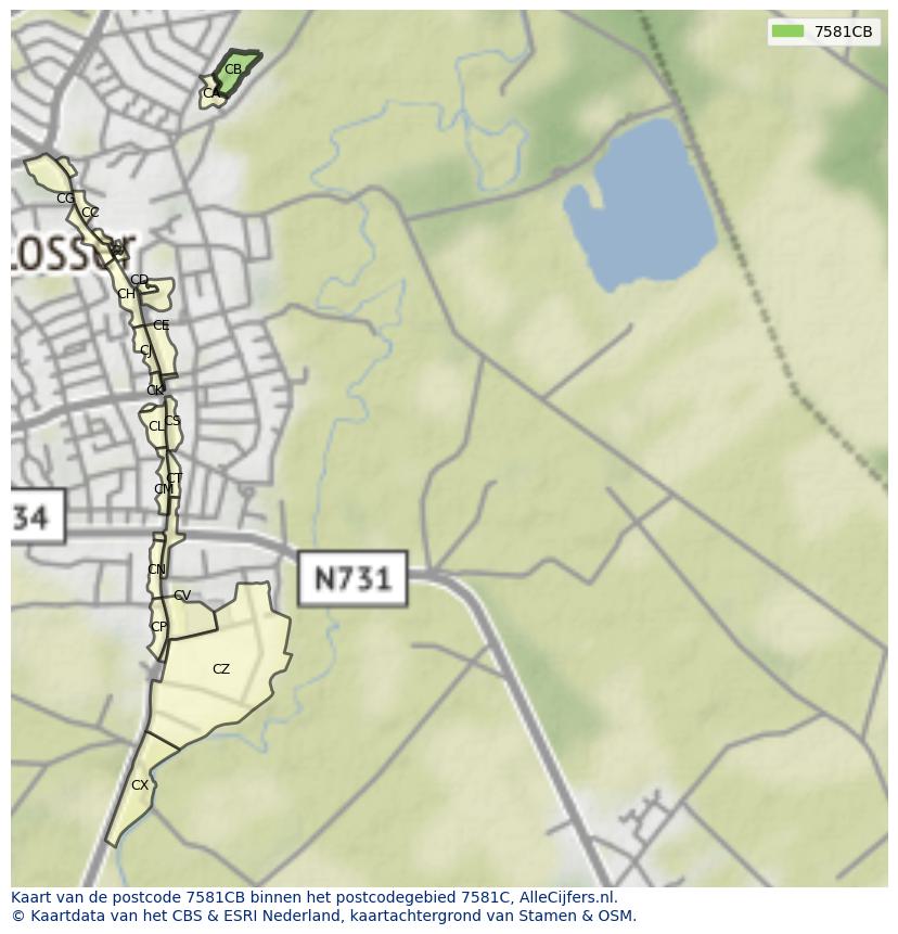 Afbeelding van het postcodegebied 7581 CB op de kaart.