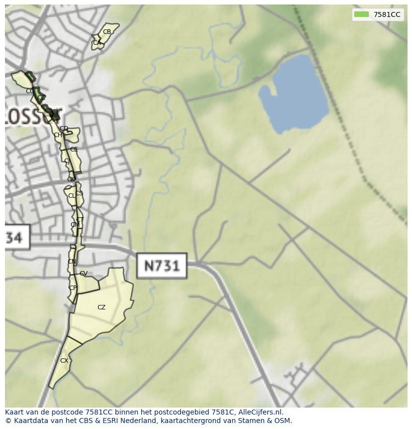Afbeelding van het postcodegebied 7581 CC op de kaart.