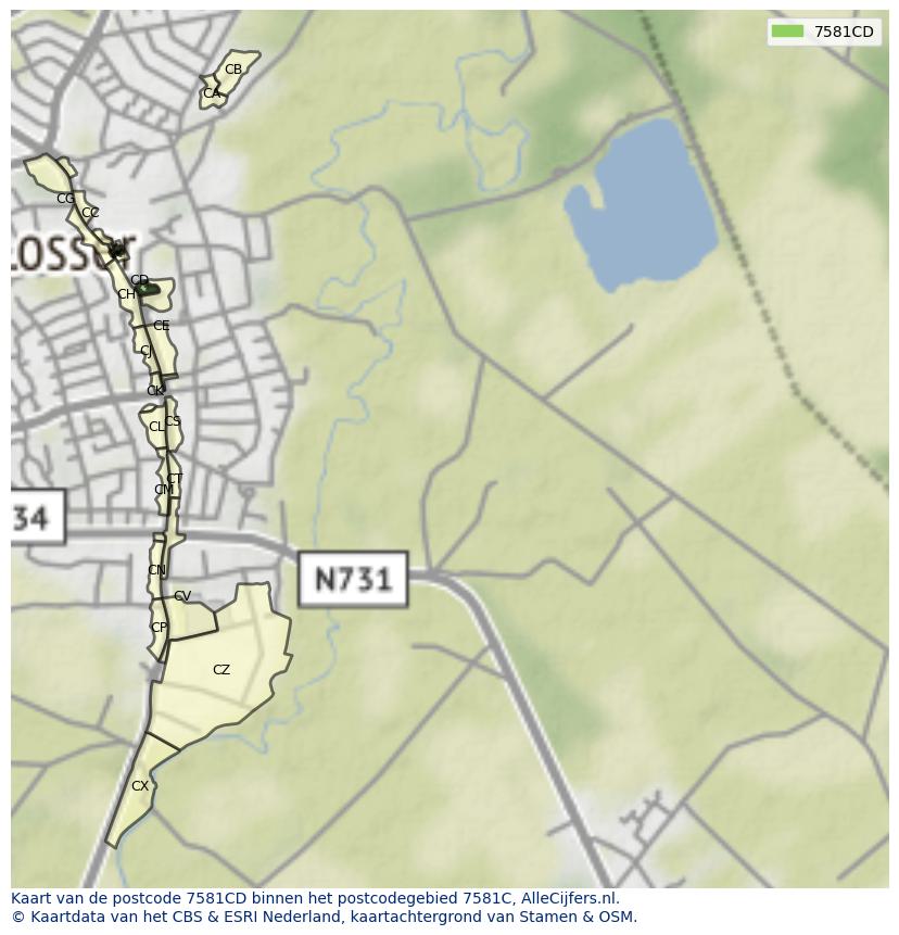 Afbeelding van het postcodegebied 7581 CD op de kaart.