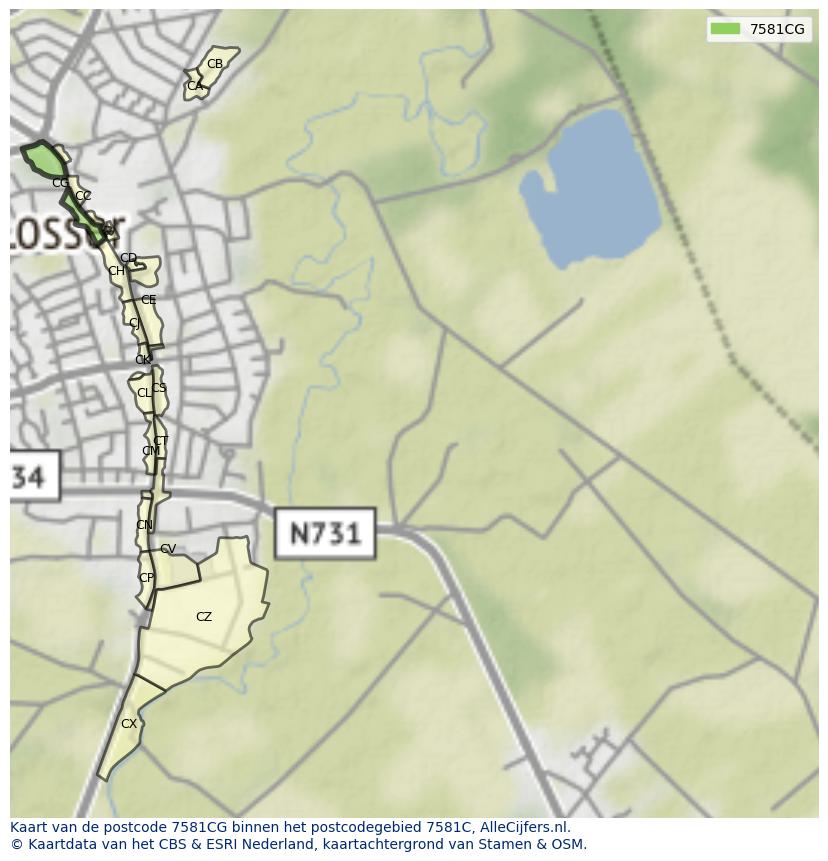 Afbeelding van het postcodegebied 7581 CG op de kaart.