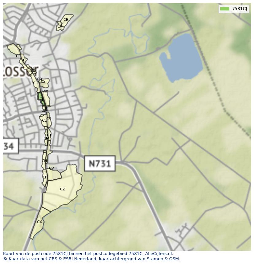 Afbeelding van het postcodegebied 7581 CJ op de kaart.