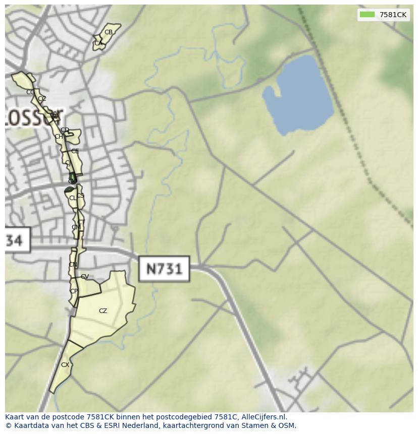 Afbeelding van het postcodegebied 7581 CK op de kaart.