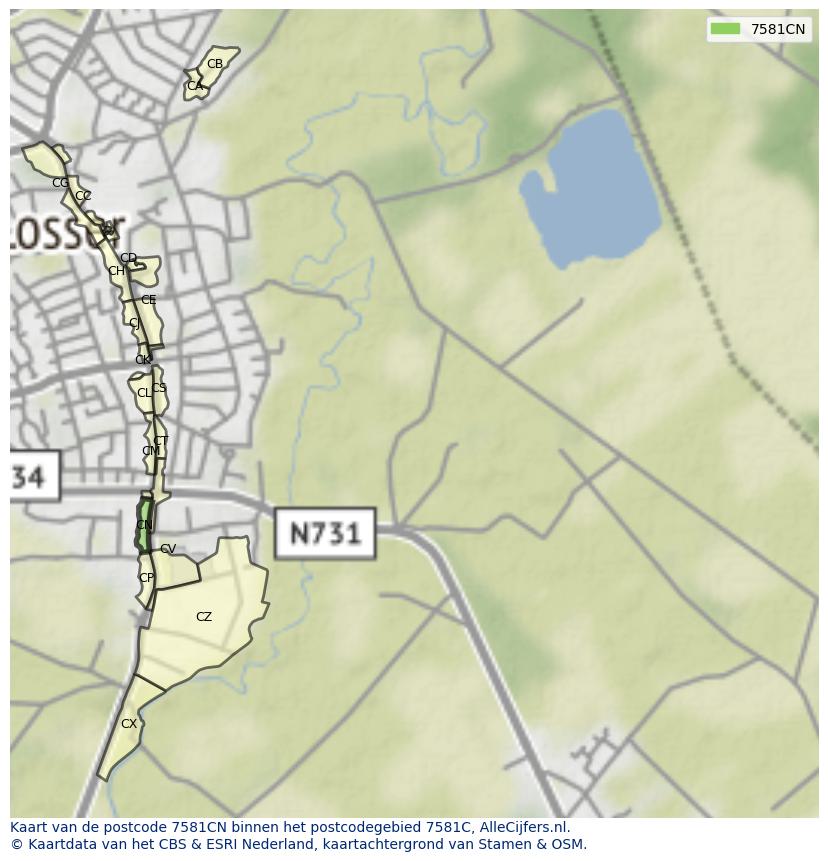 Afbeelding van het postcodegebied 7581 CN op de kaart.