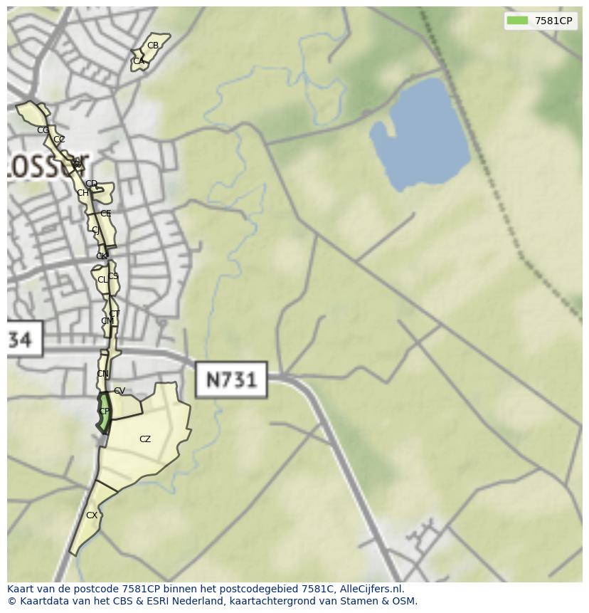 Afbeelding van het postcodegebied 7581 CP op de kaart.