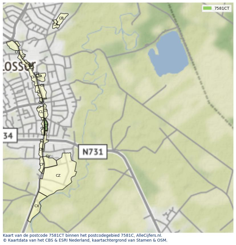 Afbeelding van het postcodegebied 7581 CT op de kaart.