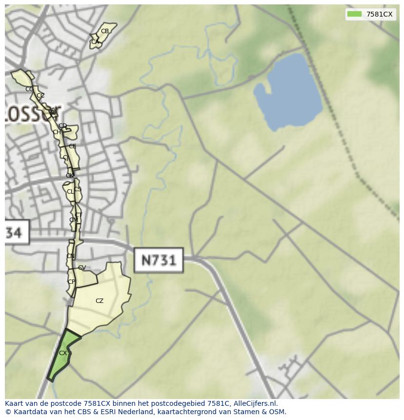 Afbeelding van het postcodegebied 7581 CX op de kaart.
