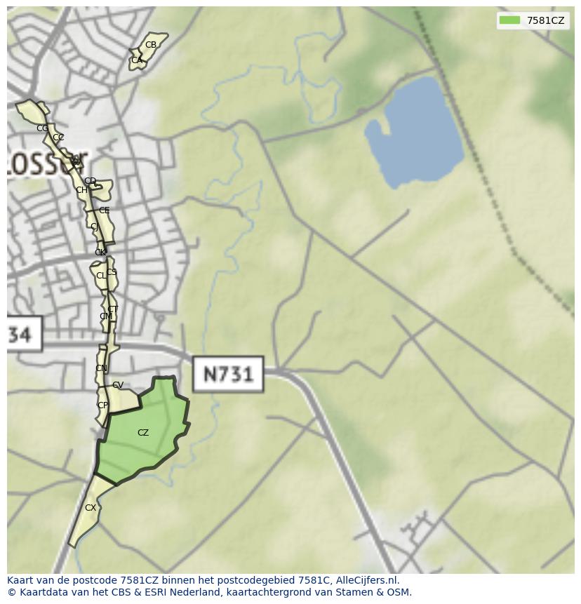 Afbeelding van het postcodegebied 7581 CZ op de kaart.