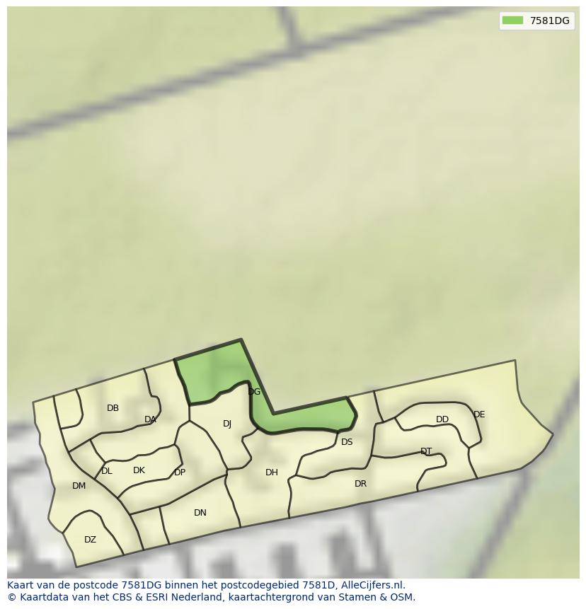 Afbeelding van het postcodegebied 7581 DG op de kaart.