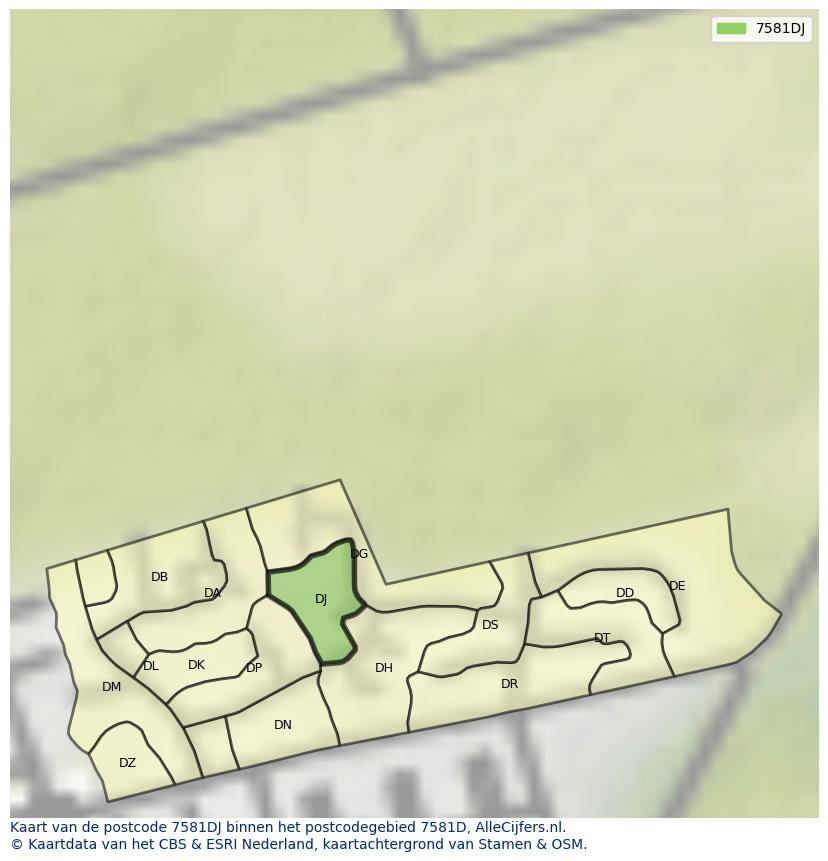 Afbeelding van het postcodegebied 7581 DJ op de kaart.