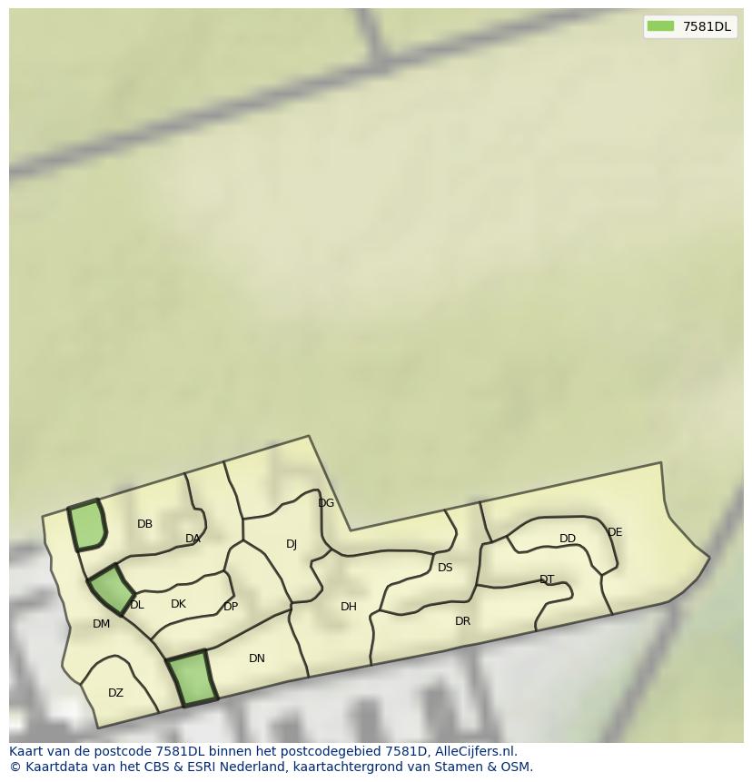 Afbeelding van het postcodegebied 7581 DL op de kaart.