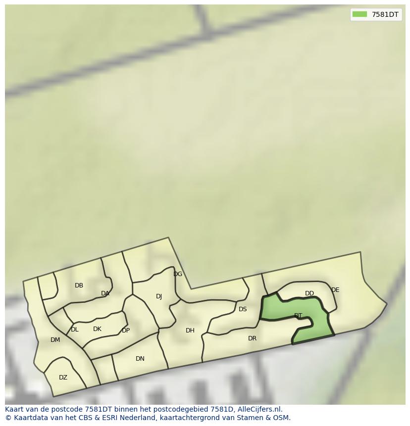 Afbeelding van het postcodegebied 7581 DT op de kaart.
