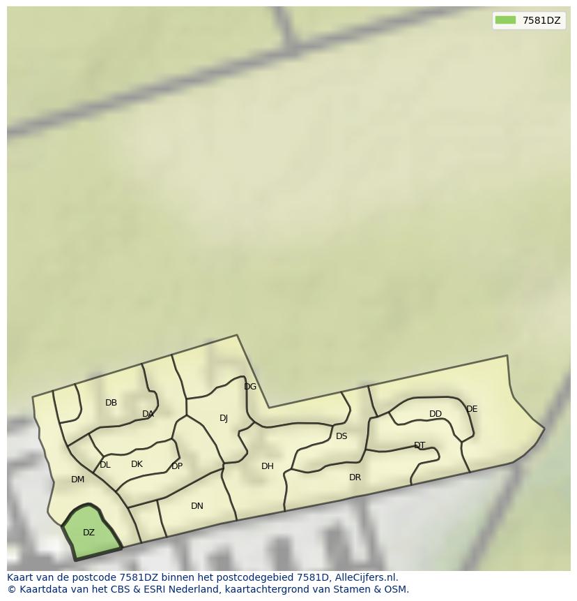 Afbeelding van het postcodegebied 7581 DZ op de kaart.