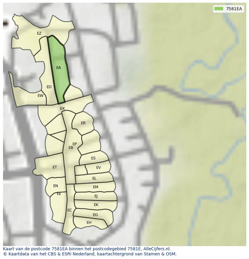 Afbeelding van het postcodegebied 7581 EA op de kaart.