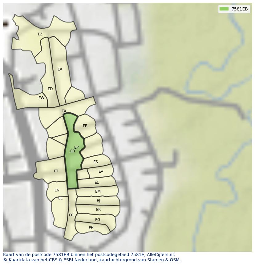 Afbeelding van het postcodegebied 7581 EB op de kaart.