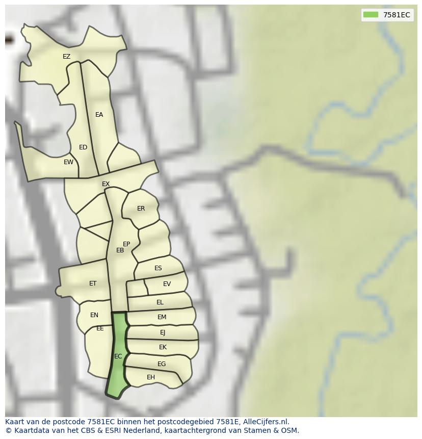 Afbeelding van het postcodegebied 7581 EC op de kaart.
