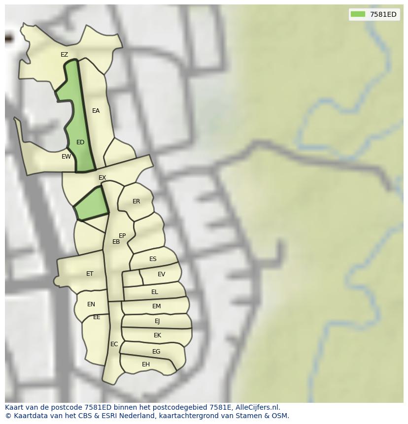 Afbeelding van het postcodegebied 7581 ED op de kaart.