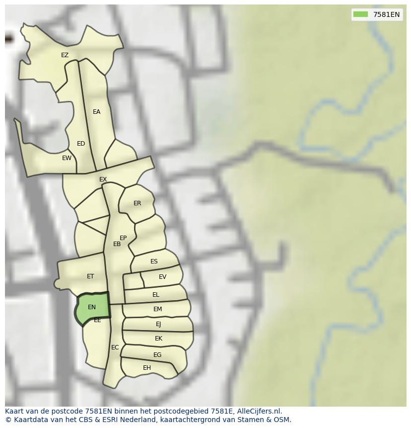 Afbeelding van het postcodegebied 7581 EN op de kaart.