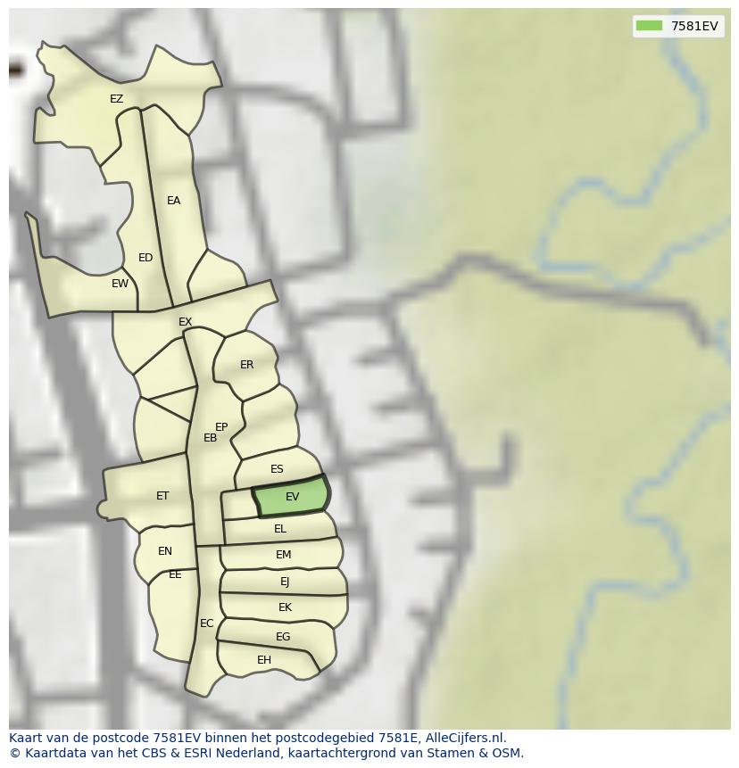 Afbeelding van het postcodegebied 7581 EV op de kaart.