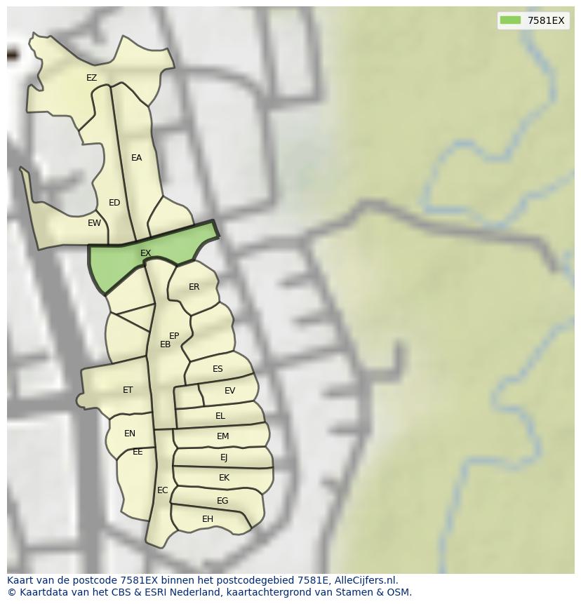 Afbeelding van het postcodegebied 7581 EX op de kaart.