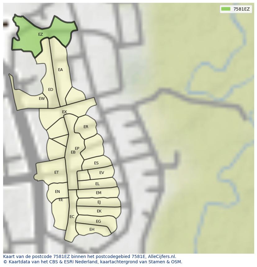 Afbeelding van het postcodegebied 7581 EZ op de kaart.