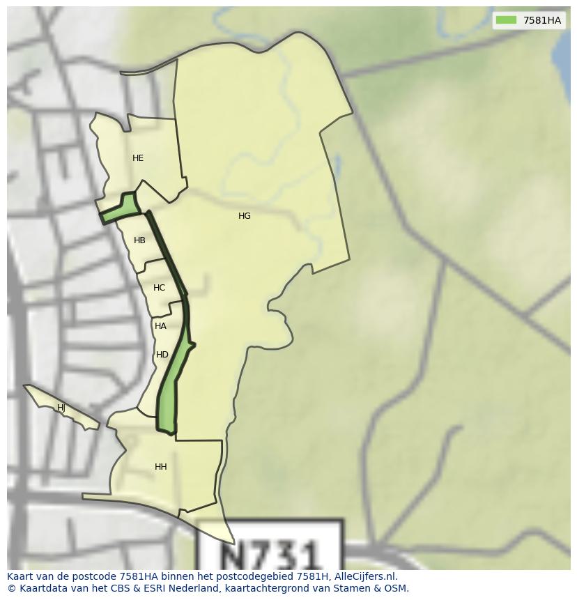 Afbeelding van het postcodegebied 7581 HA op de kaart.