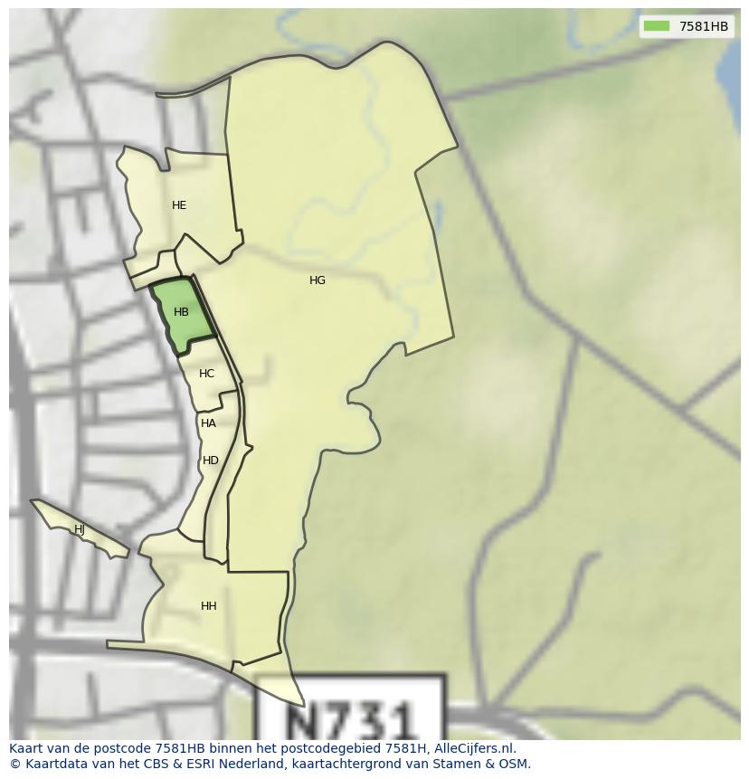 Afbeelding van het postcodegebied 7581 HB op de kaart.