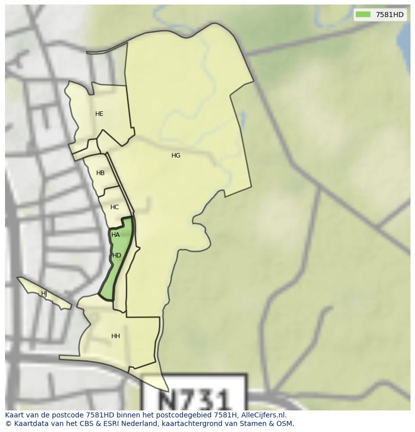 Afbeelding van het postcodegebied 7581 HD op de kaart.