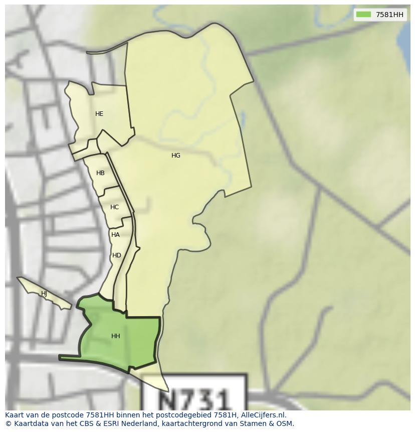 Afbeelding van het postcodegebied 7581 HH op de kaart.