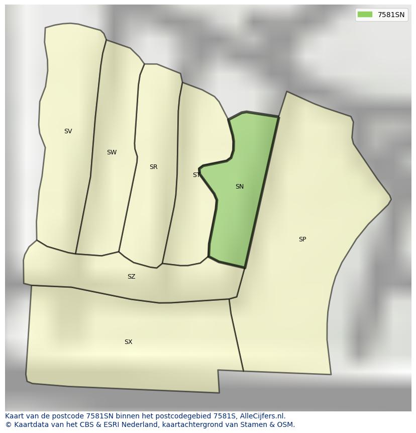 Afbeelding van het postcodegebied 7581 SN op de kaart.