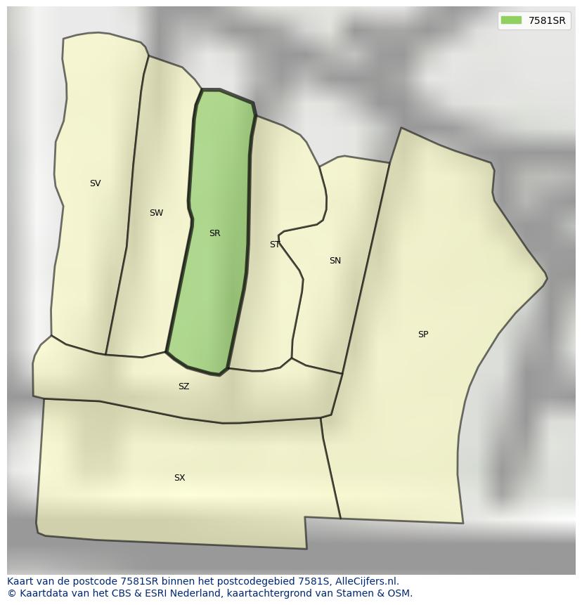 Afbeelding van het postcodegebied 7581 SR op de kaart.
