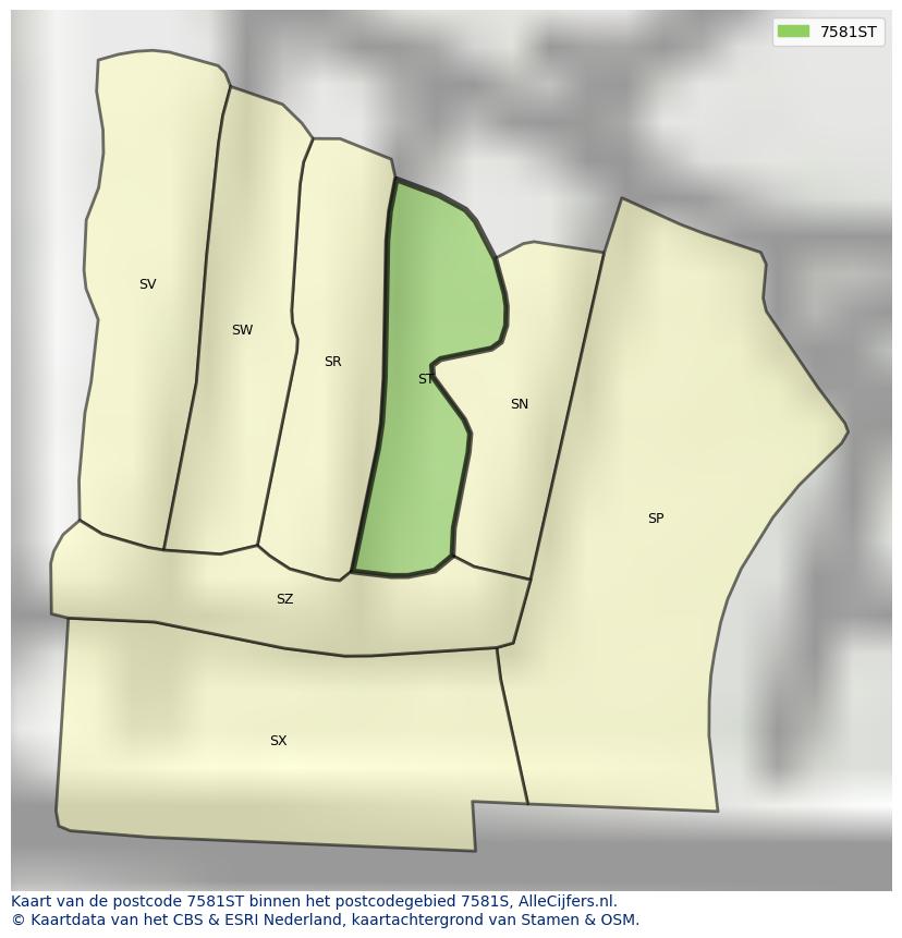 Afbeelding van het postcodegebied 7581 ST op de kaart.