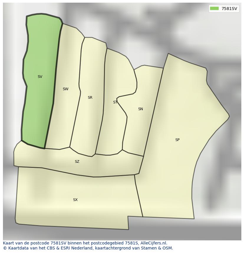 Afbeelding van het postcodegebied 7581 SV op de kaart.
