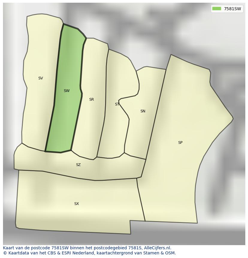 Afbeelding van het postcodegebied 7581 SW op de kaart.